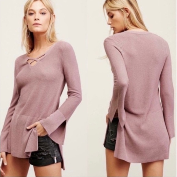 Free People Boho Dusty Mauve Criss Cross V-neckline Tunic Sweater - Picture 4 of 12